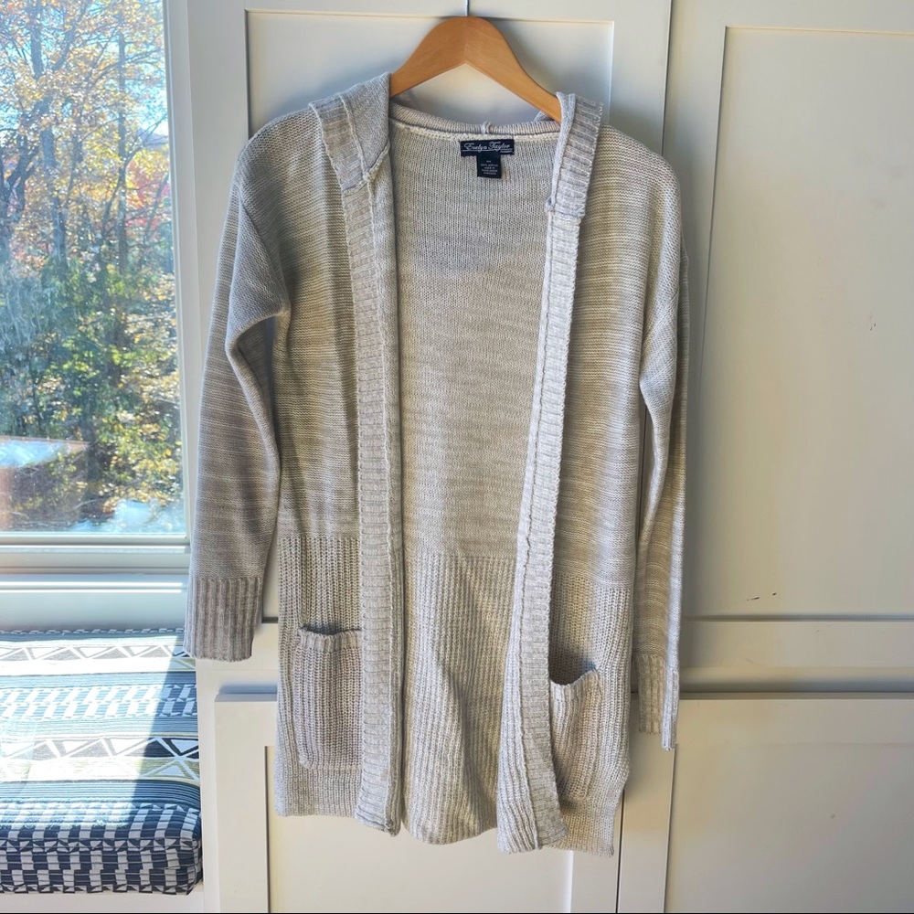 Hooded mid length beige knit sweater